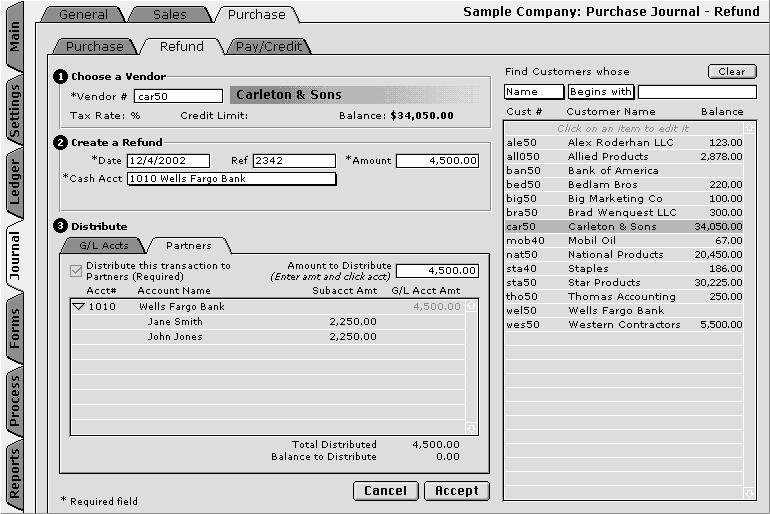 Purchase Journal Refund Transaction with Tracking