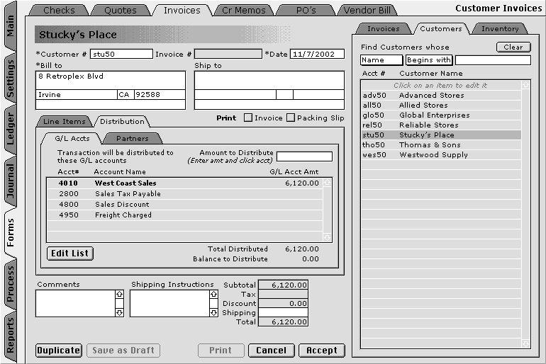 Invoice with General Ledger Account Distribution and Customer List