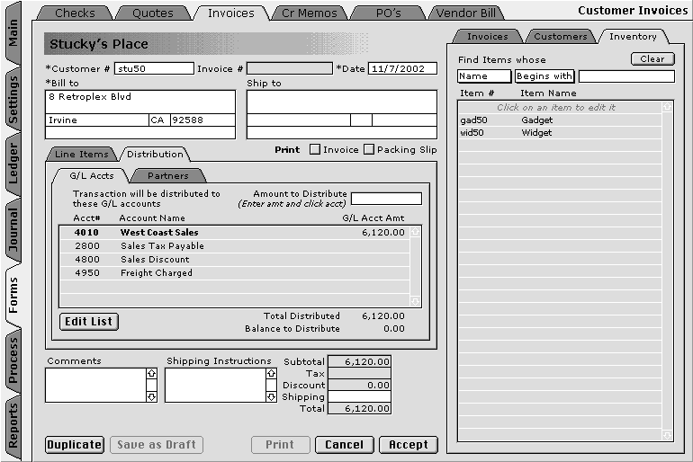 Invoice with General Ledger Account Distribution and Inventory List