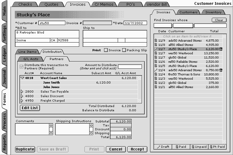Invoice with Tracking Distribution and Invoice List