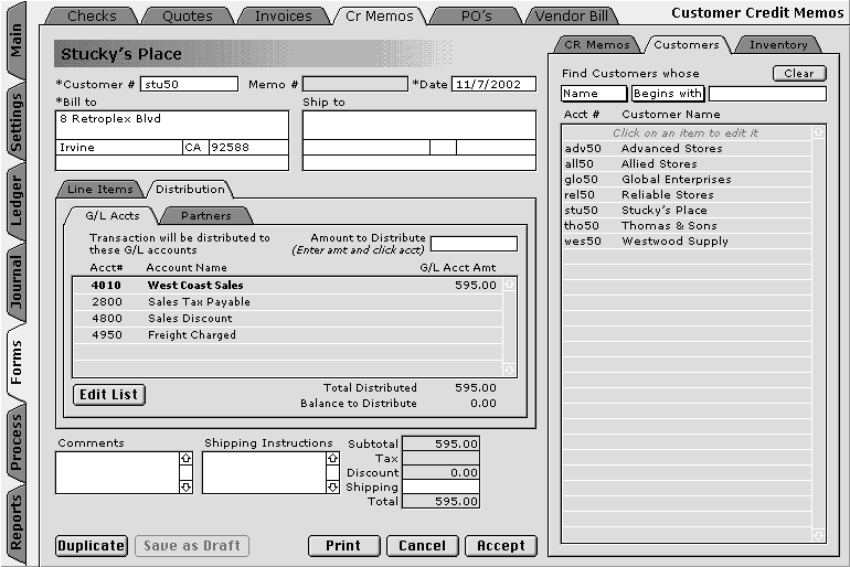 Credit Memo with General Ledger Account Distribution and Customer List