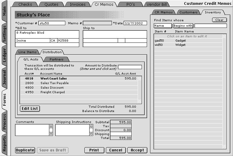 Credit Memo with General Ledger Account Distribution and Inventory List
