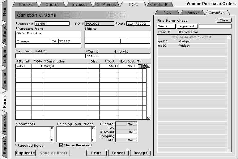 Purchase Order Form and Inventory List