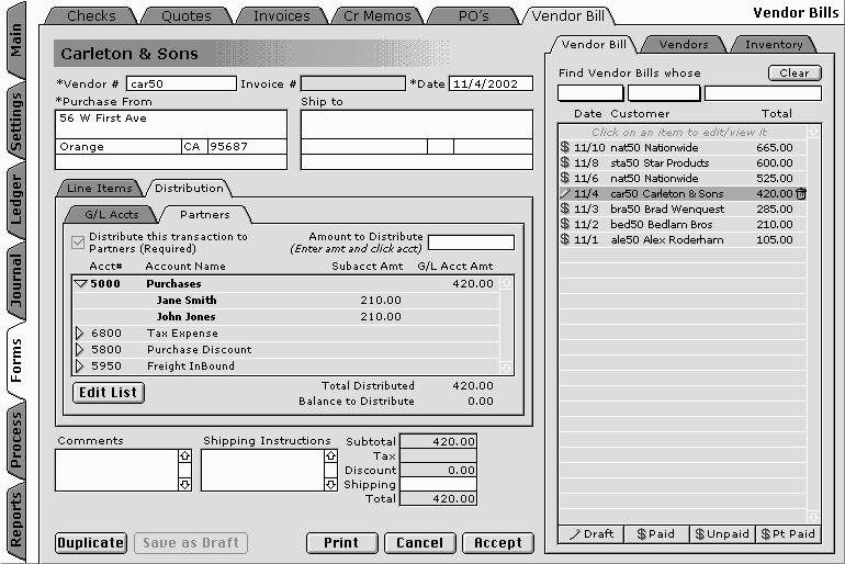 Vendor Bill with Custom Tracking Distribution and Vendor Bill List